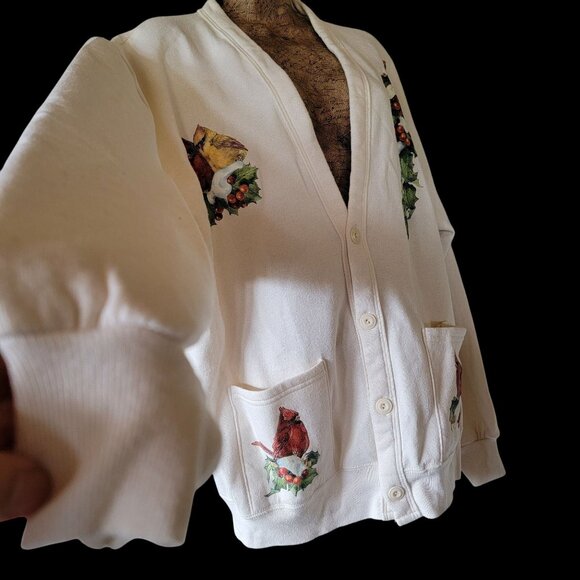 Vintage 90s Jerzees Cream Cardigan With Festive Cardinal & Holly Print Design - Picture 10 of 14